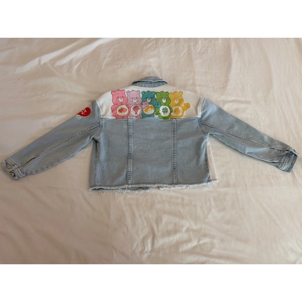 Justice Care Bears Girls Denim Jacket Blue White Colorblock Frayed Hem Size 7/8